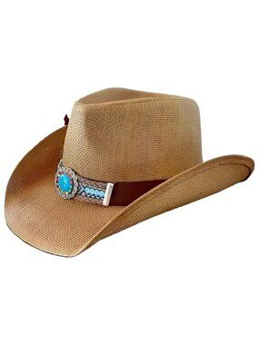 STRAW COWBOY HAT - Light Brown with Turquoise Concho Band (Adult Size)